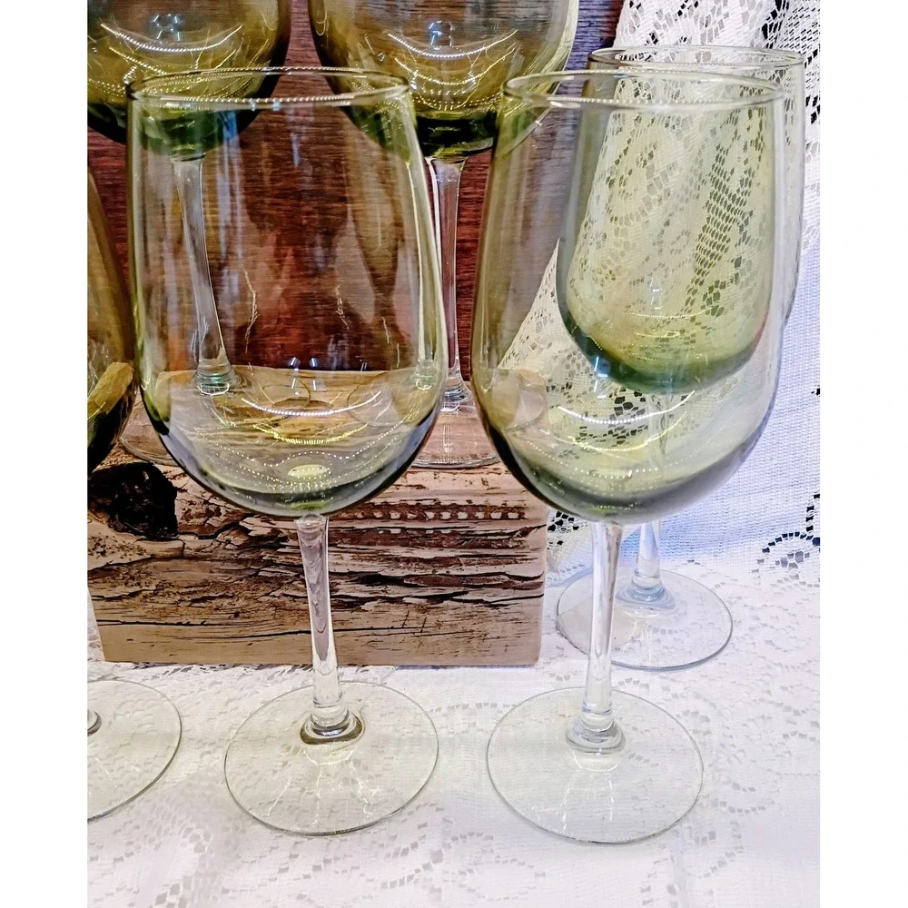 Set of 6 Olive Green Tinted Wine Glasses Long Stem Clear Base 9 Inch 2.75 Rim